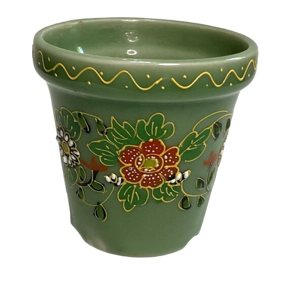 Vtg Handpainted Green Mini Planter from Japan w/ Raised Enamel Painted Flowers - Picture 1 of 6